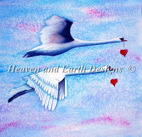 2 Swans Flying With Hearts - Click Image to Close